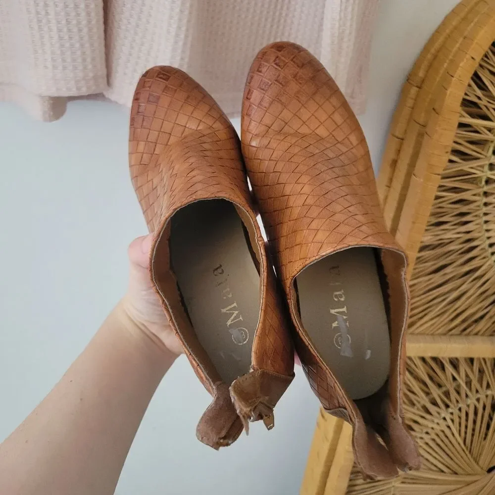 Mata Leather Woven Heeled Ankle Boots 8.5 Brown